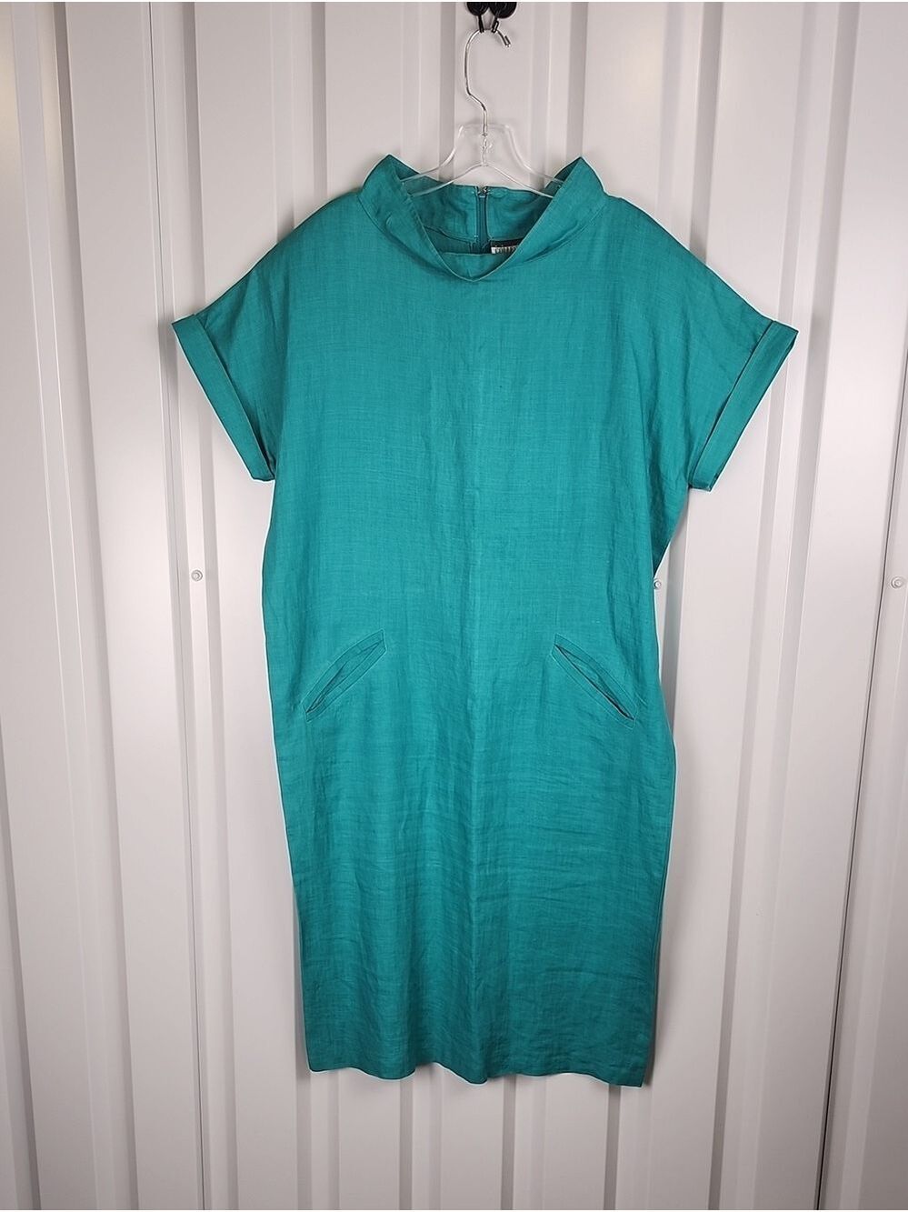 Private Collection Vintage Shift Dress Teal Short Sleeve 100% Linen 16 Art Deco - Picture 2 of 11